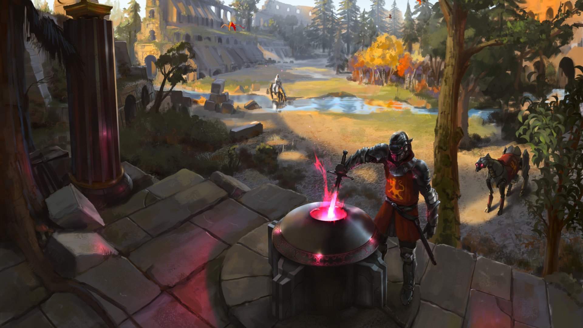 Fantasy knight channels pink magic at a stone altar on a terrace, overlooking a sunlit valley and castle — HD PC desktop wallpaper background.