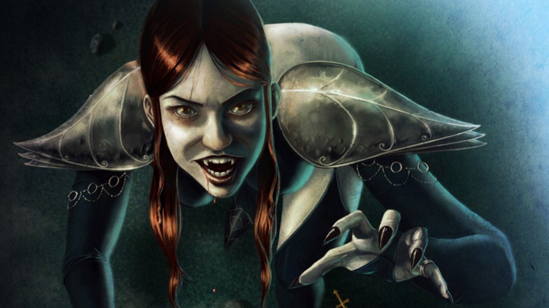 Fantasy vampire HD PC desktop wallpaper and background: pale, fanged woman with red braids, metallic shoulder armor and clawed hand reaching out against a murky blue backdrop.