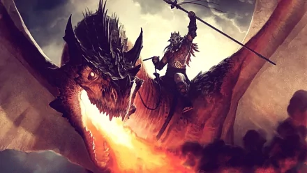 HD desktop wallpaper of a man-made, fiery dragon ridden by a warrior, inspired by Magic: The Gathering's fantasy theme.
