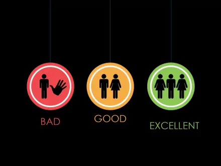 Colorful HD desktop wallpaper with three labeled circles: Bad with one figure, Good with a couple, Excellent with a group of three. The humorous design contrasts bad, good, and excellent states.