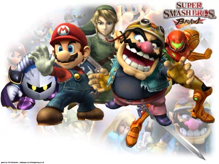 A vibrant HD wallpaper featuring iconic video game characters including Samus Aran, Wario, Mario, Meta Knight, and Link from Super Smash Bros. Brawl, set against a dynamic background.