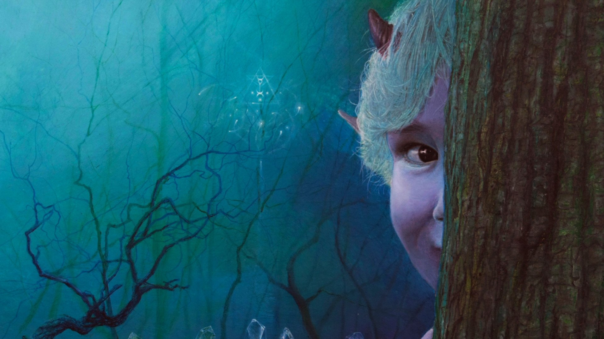 HD fantasy desktop wallpaper featuring a mysterious, elf-like figure peeking from behind a tree in a dark, enchanted forest setting.