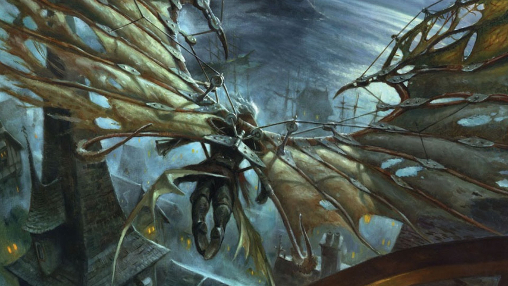 A dark fantasy HD PC desktop wallpaper depicting a winged armored figure soaring over a shadowy, medieval city under a stormy sky.