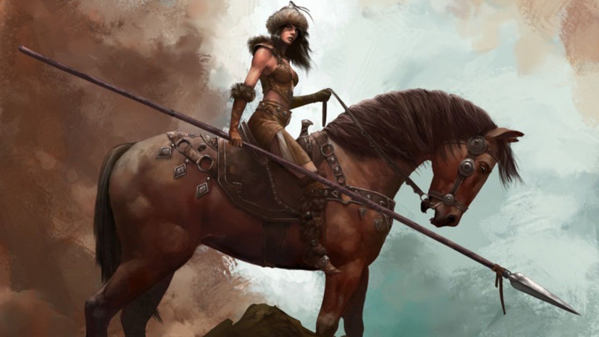 A fierce woman warrior stands confidently on horseback, wielding a spear, set against a dramatic fantasy backdrop, creating an inspiring HD PC desktop wallpaper.