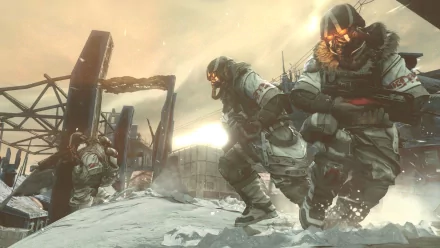 HD wallpaper featuring intense action from the video game Killzone 3, showcasing soldiers in futuristic gear maneuvering through a snowy landscape under a dramatic sky.