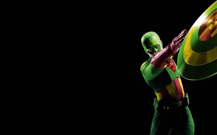 Sci-fi themed HD desktop wallpaper featuring Captain Lithuania in a dynamic pose holding a shield with the Lithuanian flag colors against a black background.