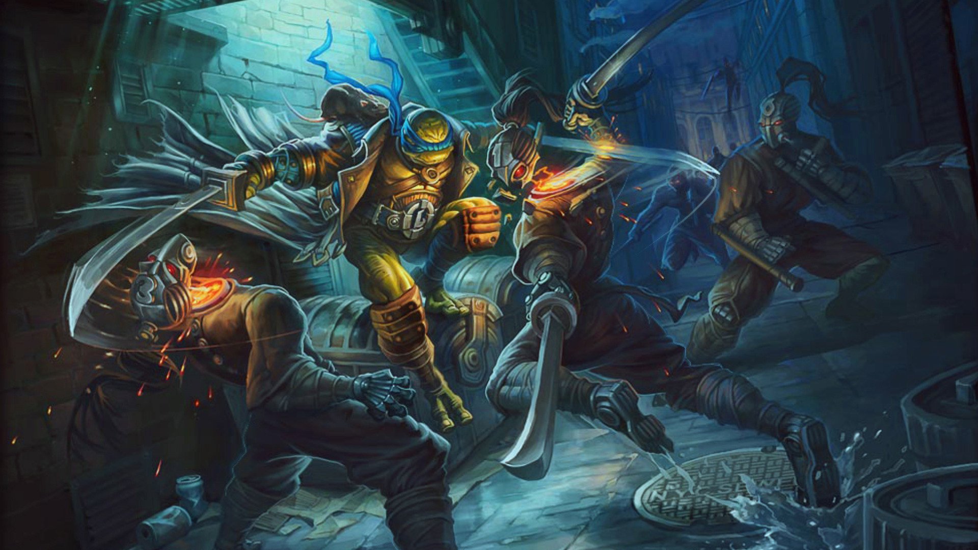 HD PC desktop wallpaper featuring a dynamic Teenage Mutant Ninja Turtles comic scene with intense action and vibrant colors in an urban nighttime setting.