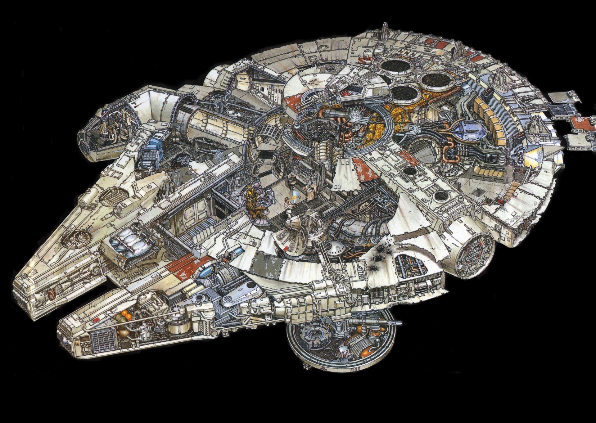 Detailed illustration of the Millennium Falcon from Star Wars, showcasing its intricate design, set against a dark background. A vibrant 4K Ultra HD desktop wallpaper for fans of sci-fi.