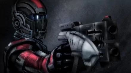 A striking HD wallpaper featuring a character from Mass Effect 2, showcasing a futuristic figure equipped with a large weapon against a dark background.