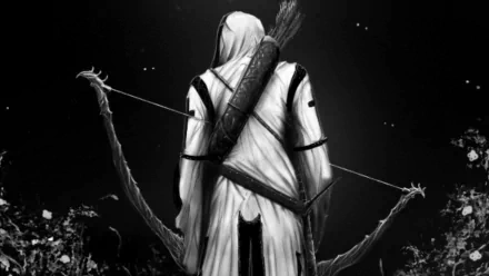 A cloaked archer stands with a bow, poised for adventure in a mystical landscape, captured in a striking black and white fantasy-themed HD wallpaper.