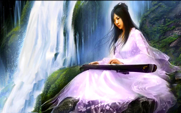 A serene musician in traditional oriental attire plays a guzheng by a cascading waterfall, surrounded by lush greenery, creating a captivating fantasy scene. HD desktop wallpaper.