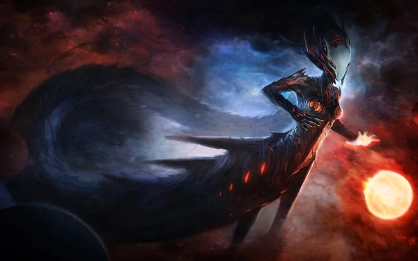 HD PC desktop wallpaper featuring a dark, armored figure from the video game Dominance War, set against a cosmic backdrop with fiery red and blue hues.