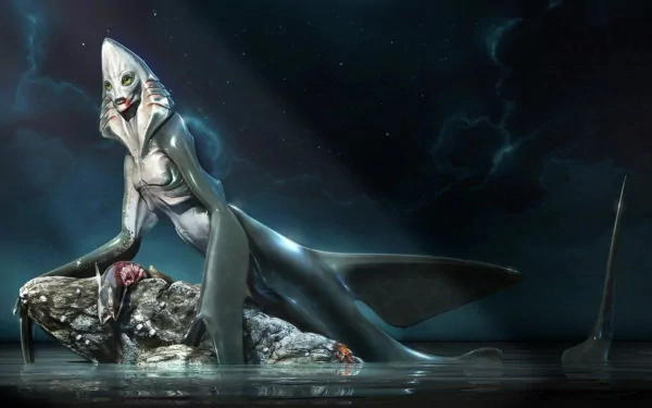 HD fantasy sea monster with sleek, elongated form emerging from dark waters against a starry night sky, designed as a PC desktop wallpaper background.