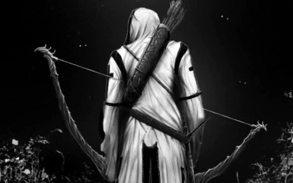 A cloaked archer stands with a bow, poised for adventure in a mystical landscape, captured in a striking black and white fantasy-themed HD wallpaper.