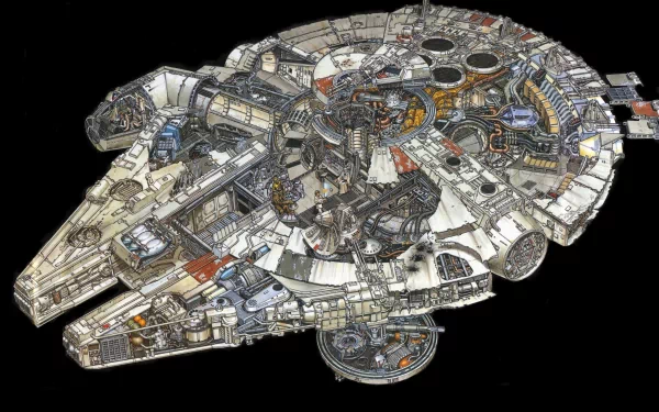 Detailed illustration of the Millennium Falcon from Star Wars, showcasing its intricate design, set against a dark background. A vibrant 4K Ultra HD desktop wallpaper for fans of sci-fi.
