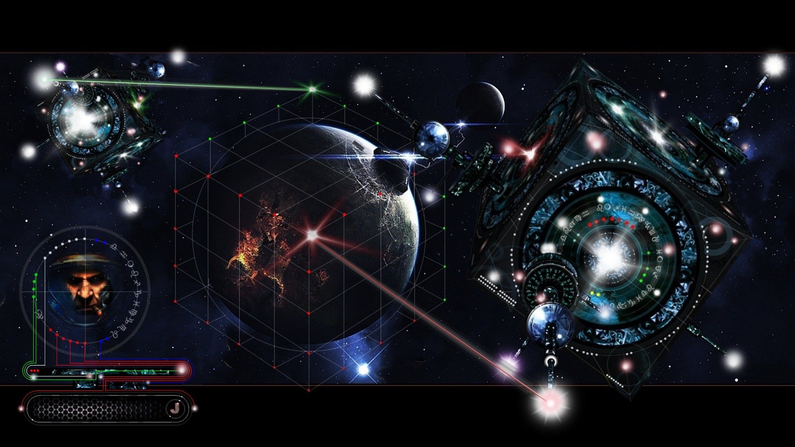 HD sci-fi artistic desktop wallpaper featuring a cosmic scene with planets, geometric shapes, and futuristic interface elements in deep space.