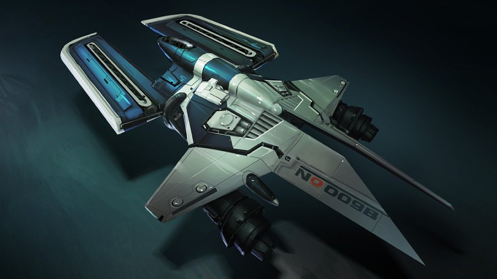 HD PC desktop wallpaper/background of a sci‑fi aircraft: sleek metallic starfighter with twin rear engines and angular wings.