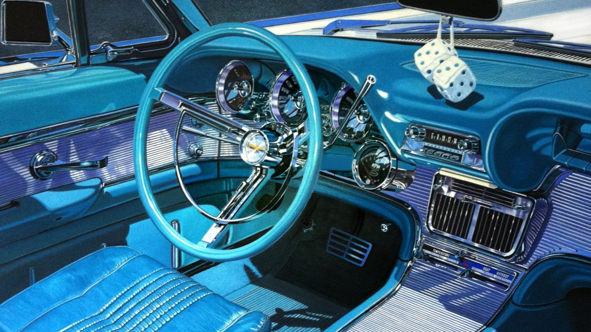 HD PC desktop wallpaper showing the turquoise interior of a Ford Thunderbird vehicle: steering wheel, chrome dashboard, gauges and hanging fuzzy dice.
