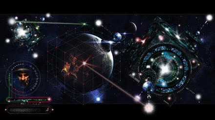 HD sci-fi artistic desktop wallpaper featuring a cosmic scene with planets, geometric shapes, and futuristic interface elements in deep space.