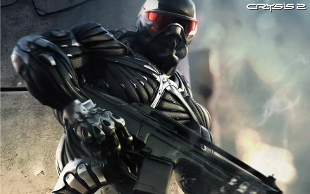 HD PC desktop wallpaper featuring a futuristic soldier armed with a gun from the video game Crysis 2, showcasing intense action and sci-fi elements.