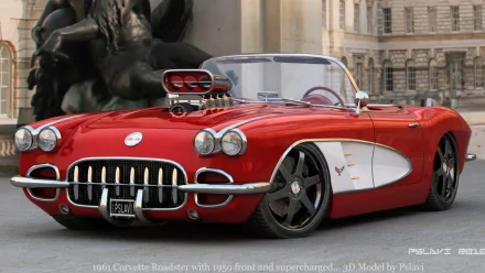 HD PC desktop wallpaper featuring a red 1961 Chevrolet Corvette Roadster with a custom supercharged engine, parked in an urban setting near a classical sculpture.