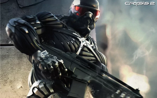 HD PC desktop wallpaper featuring a futuristic soldier armed with a gun from the video game Crysis 2, showcasing intense action and sci-fi elements.