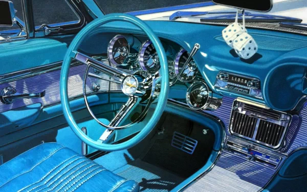 HD PC desktop wallpaper showing the turquoise interior of a Ford Thunderbird vehicle: steering wheel, chrome dashboard, gauges and hanging fuzzy dice.