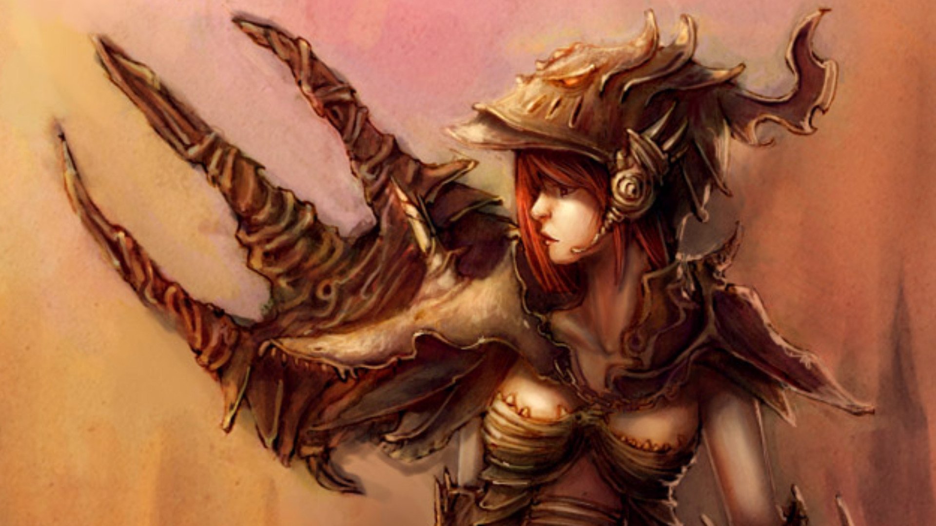 HD fantasy PC desktop wallpaper depicting a woman in elaborate, clawed armor with a dramatic, warm-toned background.
