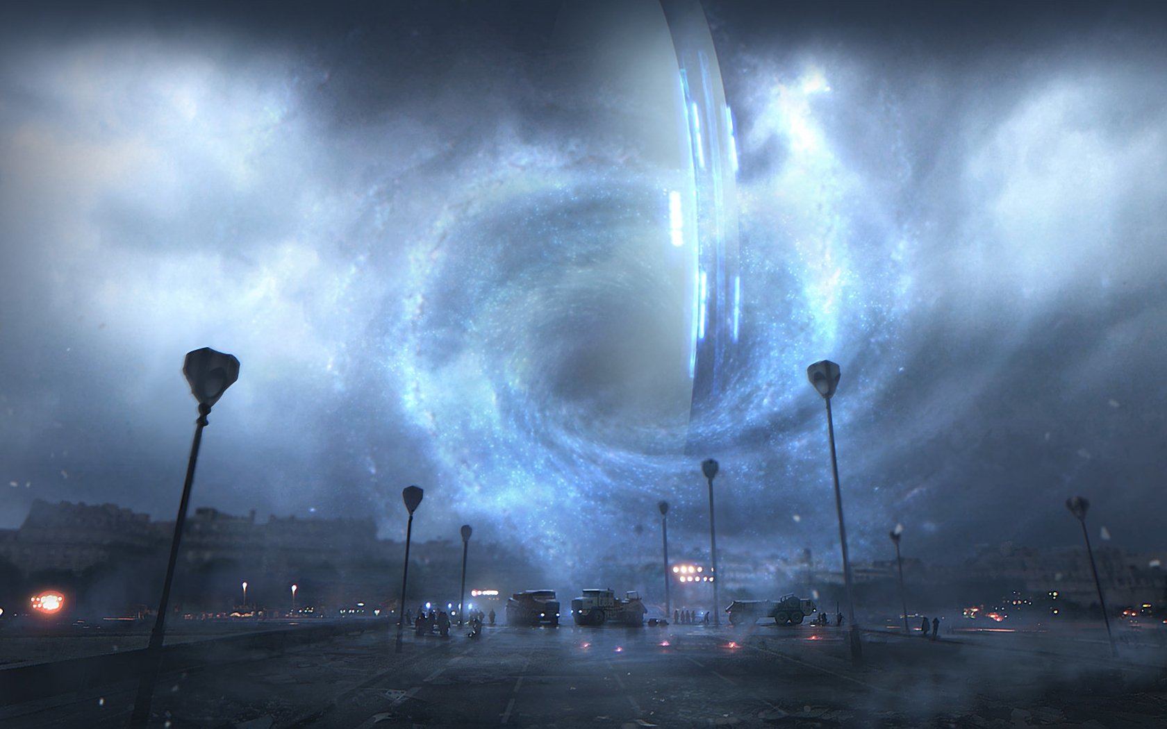 Sci-fi HD PC desktop wallpaper: stormy highway and parking lot beneath a massive glowing sky ring/wormhole, moody clouds, streetlamps and distant city lights.