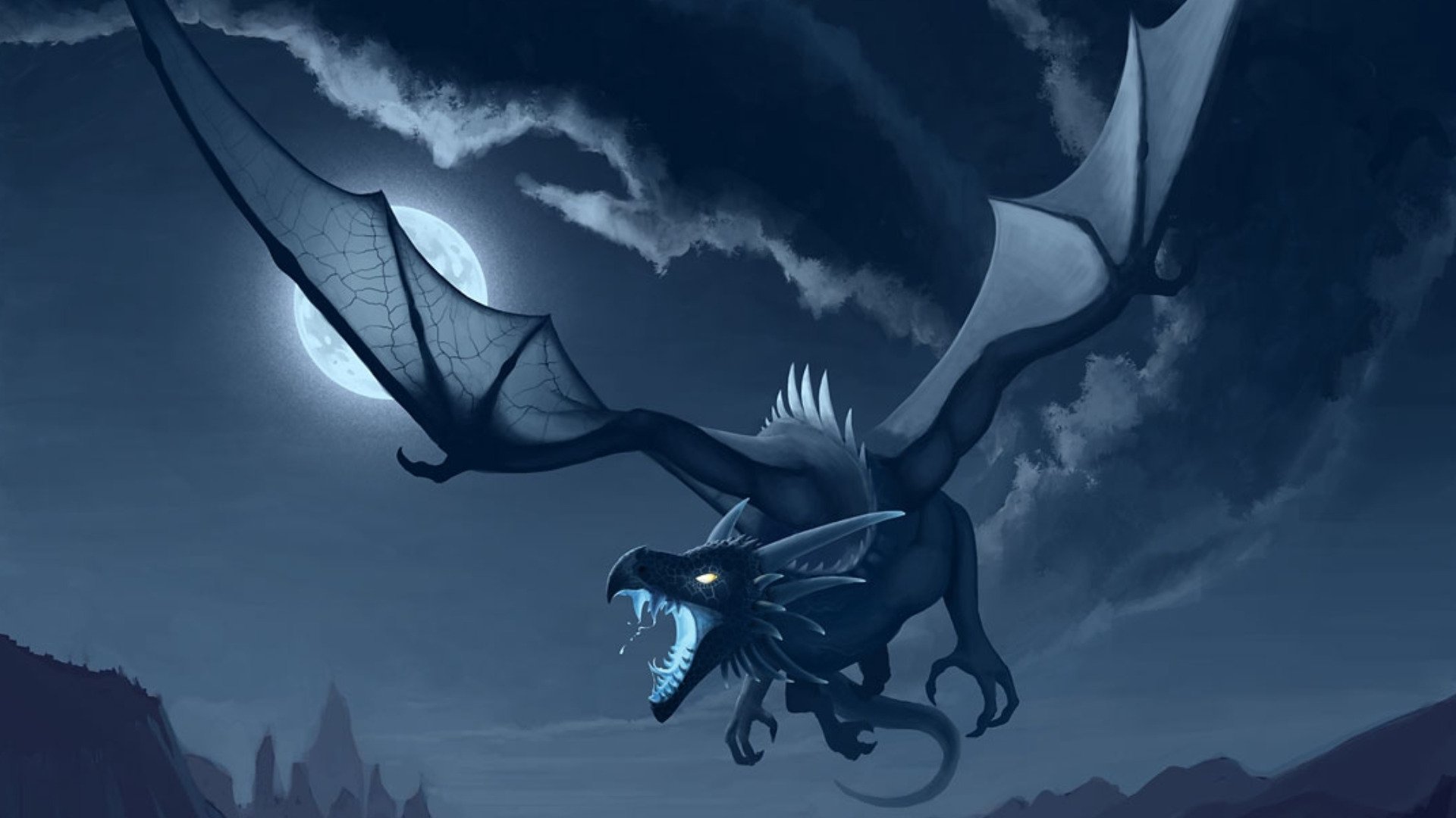 A powerful black dragon soars against a moonlit sky, its fierce gaze illuminated, embodying a captivating fantasy scene in this HD desktop wallpaper.