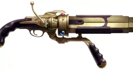 HD PC desktop wallpaper background of a fantasy weapon: ornate brass-and-dark-metal steampunk rifle with lever action, carved grips and a small blue gemstone accent.