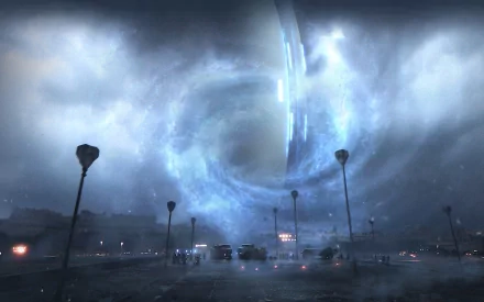 Sci-fi HD PC desktop wallpaper: stormy highway and parking lot beneath a massive glowing sky ring/wormhole, moody clouds, streetlamps and distant city lights.