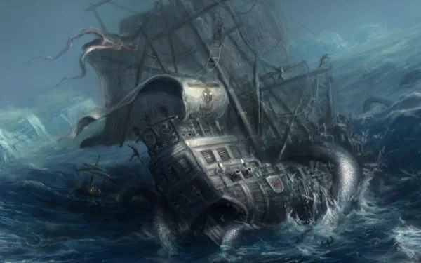 A dramatic HD fantasy wallpaper featuring a ship being attacked by a massive kraken, set against a turbulent ocean backdrop.