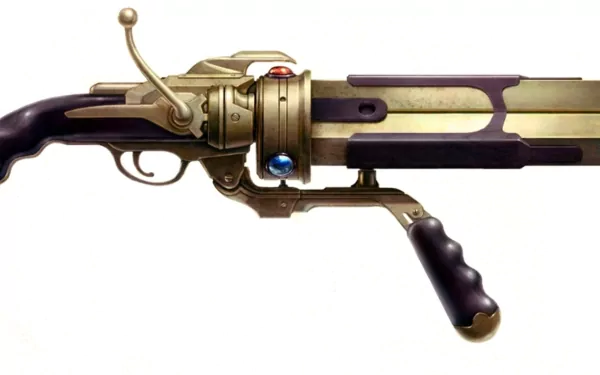 HD PC desktop wallpaper background of a fantasy weapon: ornate brass-and-dark-metal steampunk rifle with lever action, carved grips and a small blue gemstone accent.