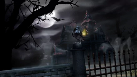 A dark, eerie scene featuring a raven perched on a stone post, set against a haunted house, ghostly fog, and a full moon—this HD wallpaper captures the essence of Halloween.