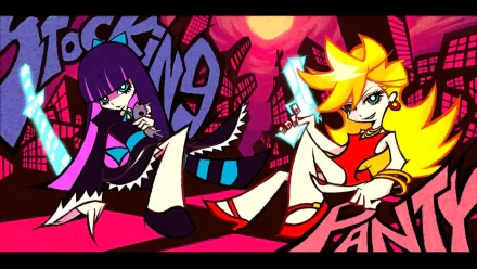 HD anime desktop wallpaper featuring Panty Anarchy and Stocking Anarchy from Panty & Stocking with Garterbelt, illustrated by Honekoneko in vibrant colors.