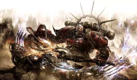HD PC desktop wallpaper depicting an intense Warhammer video game battle scene with armored warriors clashing in a dark, gritty environment.