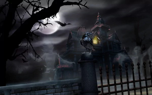 A dark, eerie scene featuring a raven perched on a stone post, set against a haunted house, ghostly fog, and a full moon—this HD wallpaper captures the essence of Halloween.