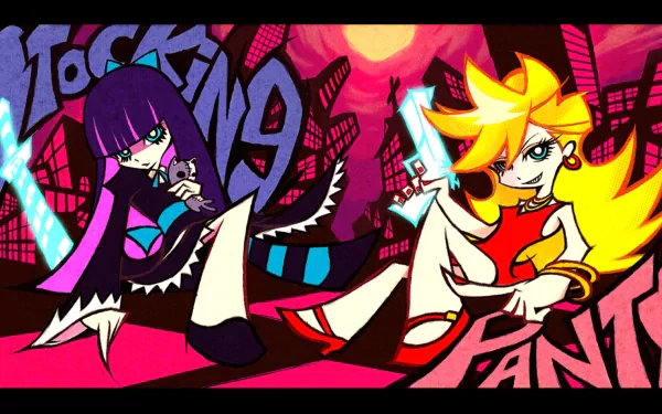 HD anime desktop wallpaper featuring Panty Anarchy and Stocking Anarchy from Panty & Stocking with Garterbelt, illustrated by Honekoneko in vibrant colors.