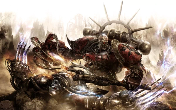 HD PC desktop wallpaper depicting an intense Warhammer video game battle scene with armored warriors clashing in a dark, gritty environment.