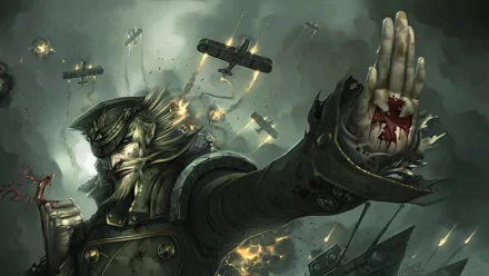 Fantasy-themed HD PC desktop wallpaper depicting a fierce armored man with pointed ears, extending a bloodied hand amid an intense aerial battle with biplanes.