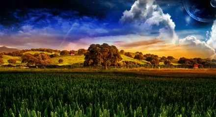 A dreamy nature landscape featuring lush green fields, rolling hills with scattered trees, vibrant sunset skies, and a distant moon, captured in HD for a PC desktop wallpaper.