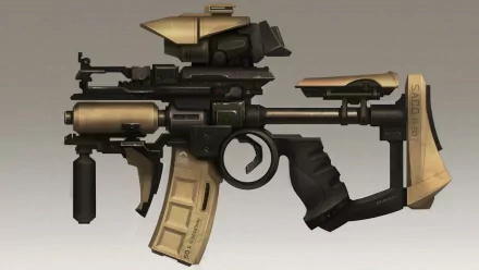 HD PC desktop wallpaper featuring a detailed sci-fi weapon with futuristic design elements and a sleek metallic finish.