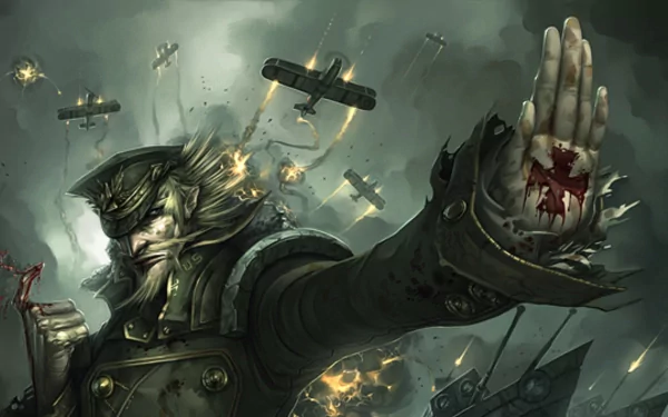 Fantasy-themed HD PC desktop wallpaper depicting a fierce armored man with pointed ears, extending a bloodied hand amid an intense aerial battle with biplanes.