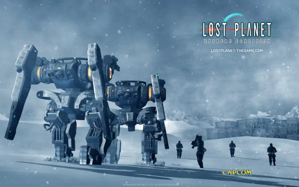 HD PC desktop wallpaper featuring a robot from the video game Lost Planet in a snowy battlefield with soldiers advancing in the background.