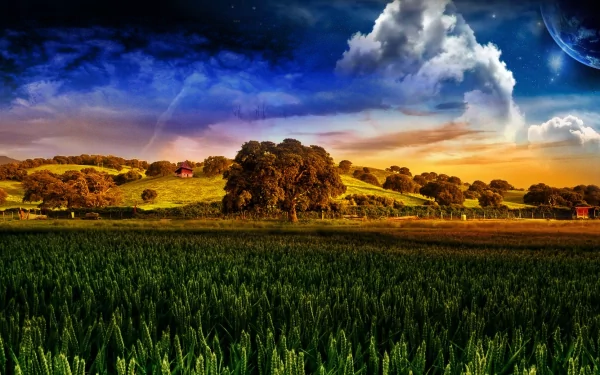 A dreamy nature landscape featuring lush green fields, rolling hills with scattered trees, vibrant sunset skies, and a distant moon, captured in HD for a PC desktop wallpaper.