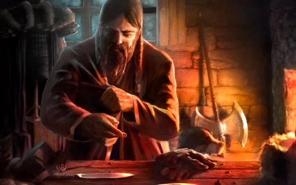 HD fantasy PC desktop wallpaper featuring a dwarf with a braided beard working intensely by a warm, glowing forge in a rustic workshop.