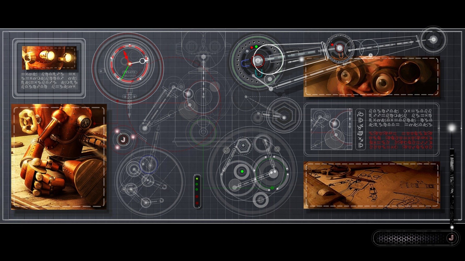 HD PC desktop wallpaper featuring artistic sci-fi schematics and mechanical components with a futuristic, technical design on a dark background.