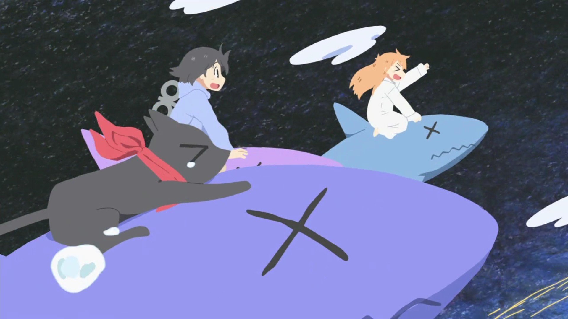 HD PC wallpaper featuring Hakase, Nano Shinonome, and Sakamoto from the anime Nichijō, depicted riding large whimsical sharks against a starry background.