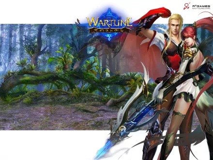 HD PC desktop wallpaper background for Wartune MMORPG video game: two armored fantasy heroes—blonde swordsman and red-haired archer—stand at the edge of a misty, overgrown forest.